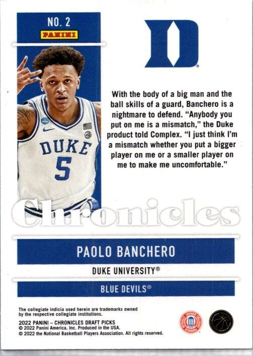2022 Panini Chronicles Donruss Paolo Banchero Rated Rookie Draft Picks Card #2